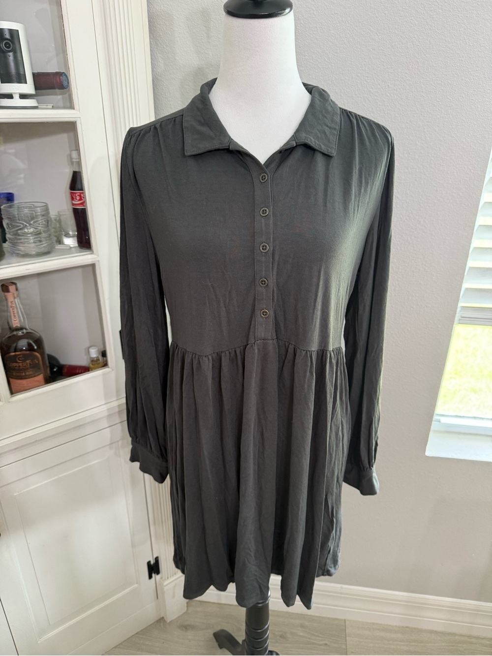 Wonderly Charcoal Long Sleeve Button-Front Dress